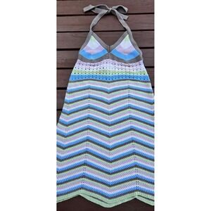 Pink Rose Crochet Knit Halter Dress Chevron Striped Sleeveless Medium‎ M